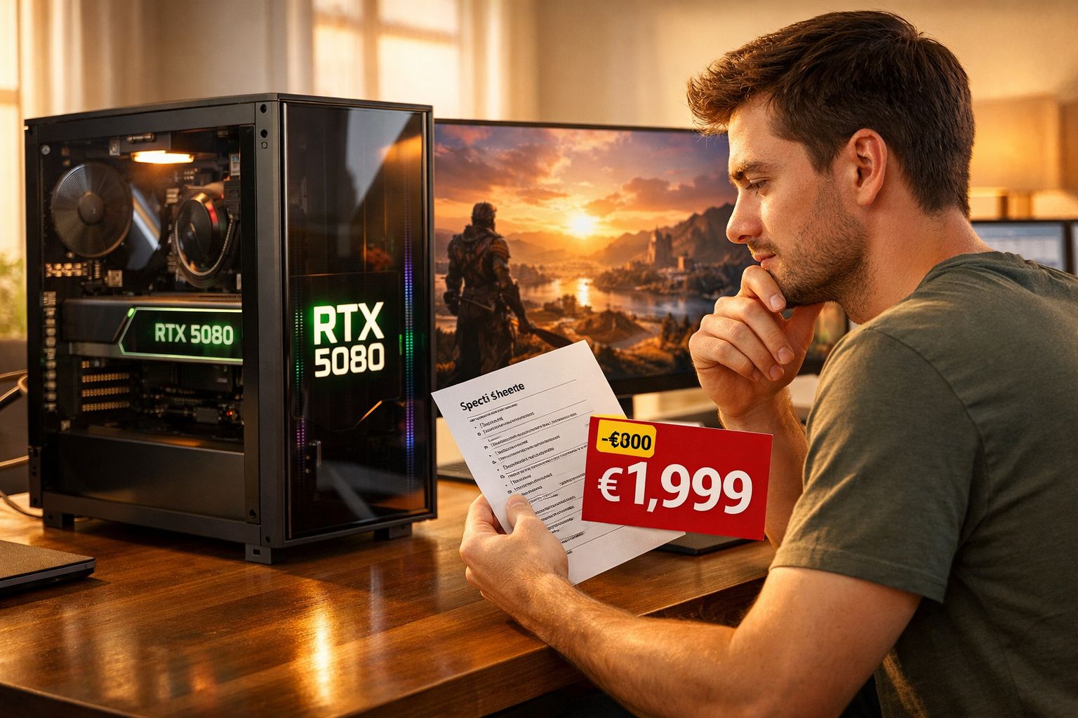 Homem analisando ficha técnica e preço de PC gamer com placa RTX 5080 em ambiente iluminado.