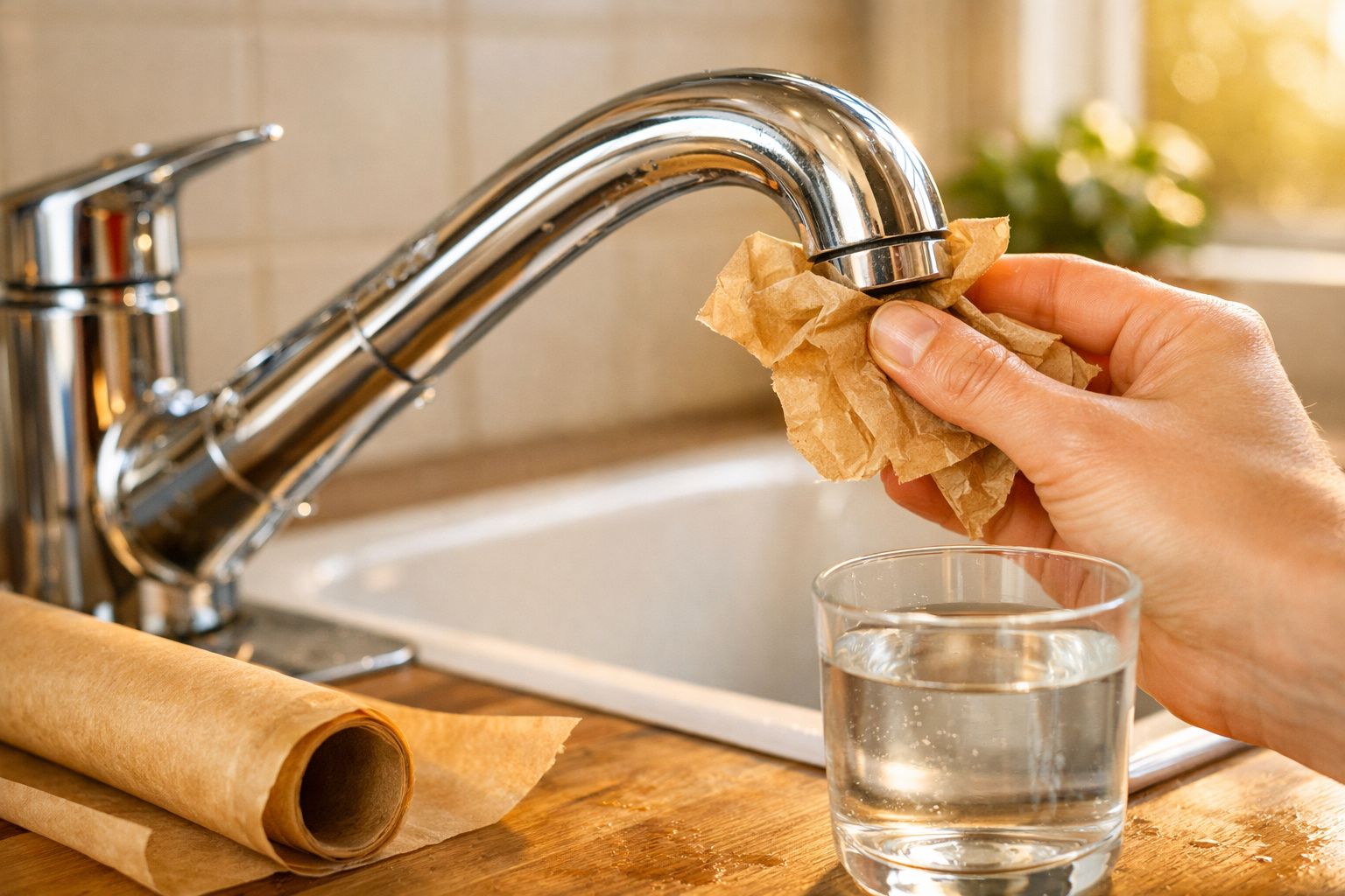 Pessoa limpando a torneira da cozinha com papel, ao lado de copo de água e parede com azulejos.