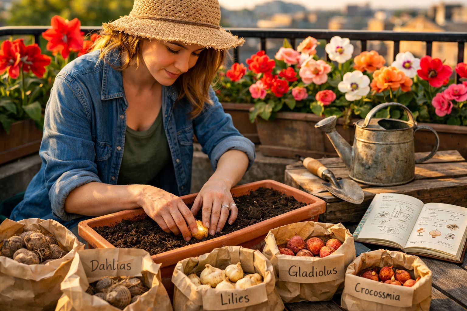 Mulher plantando bulbos em vaso com sementes e livro aberto em jardim florido ao fundo.