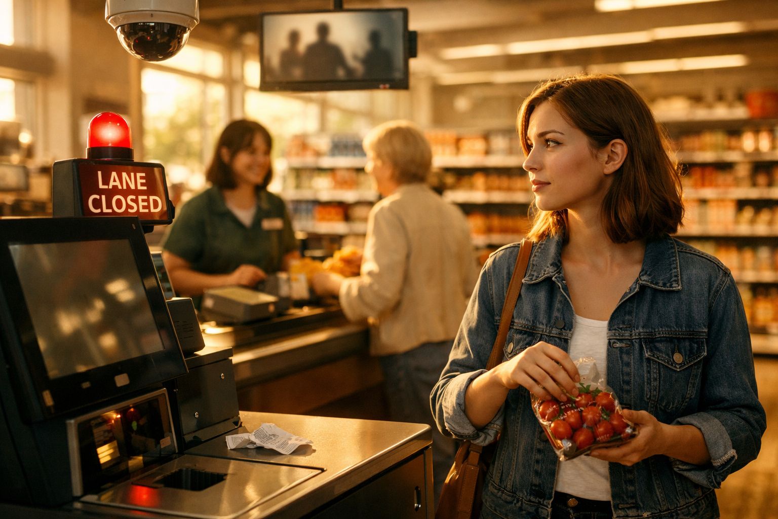 Mulher segura tomates-cereja perto de caixa registradora com placa "Lane Closed" em supermercado.