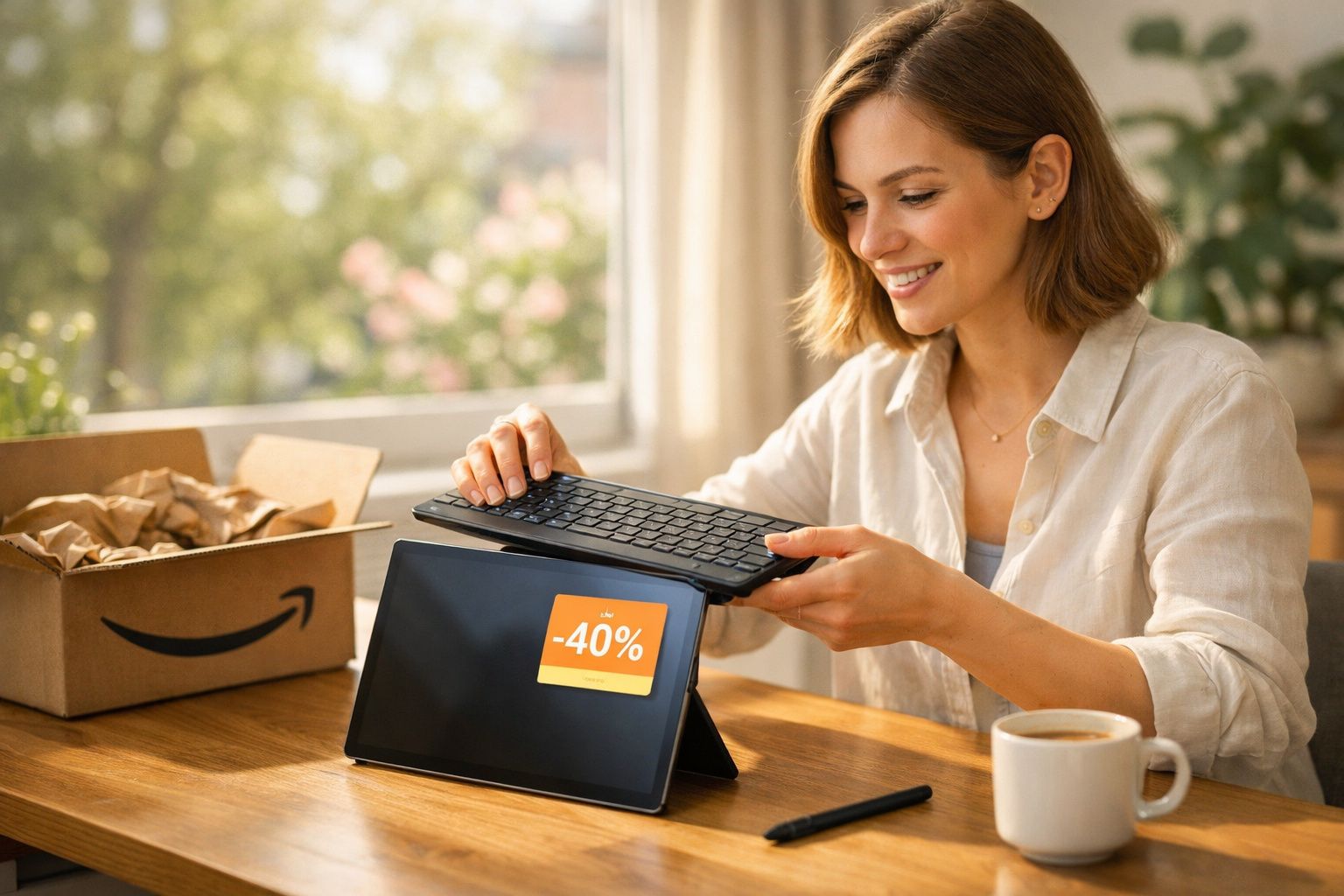 Mulher desempacotando teclado sem fio com desconto de 40% em tablet na mesa com caixa da Amazon.