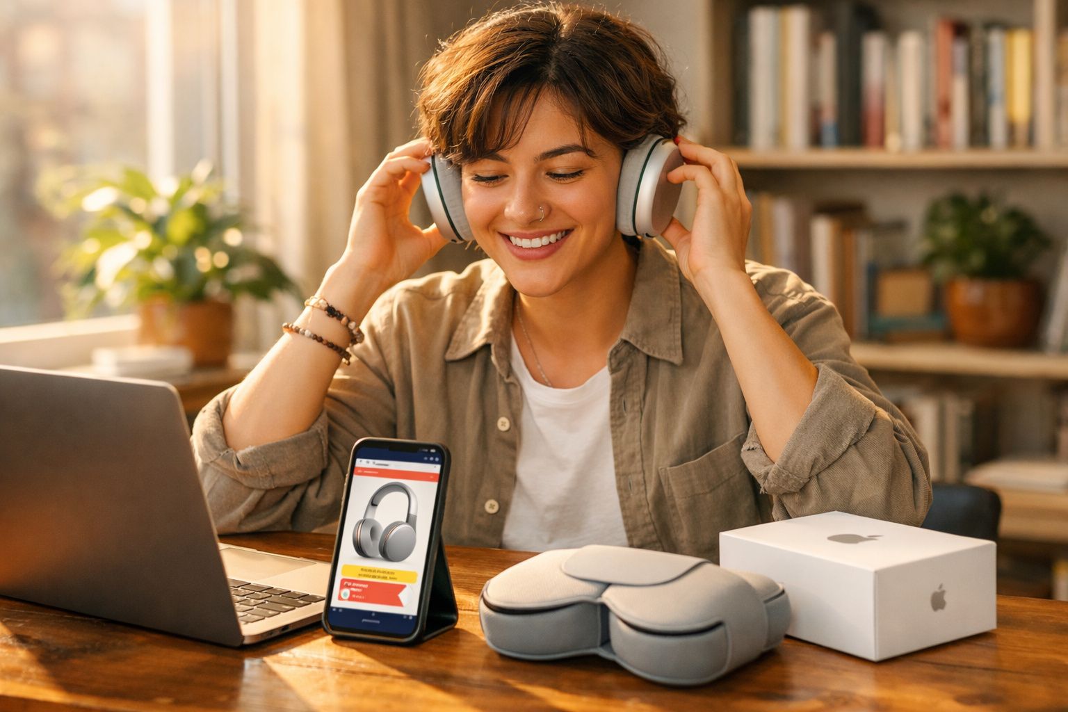 Jovem sorridente usando fones de ouvido e vendo promoção de fone em celular, com laptop e caixa na mesa.