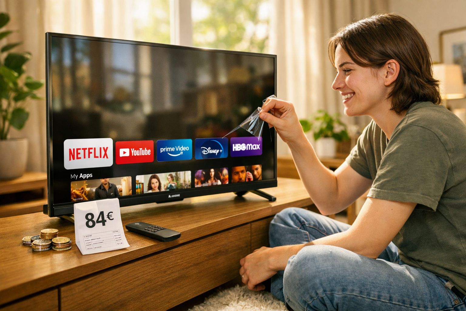 Pessoa sorridente removendo filme plástico de televisão com apps de streaming exibidos e conta de luz à frente.