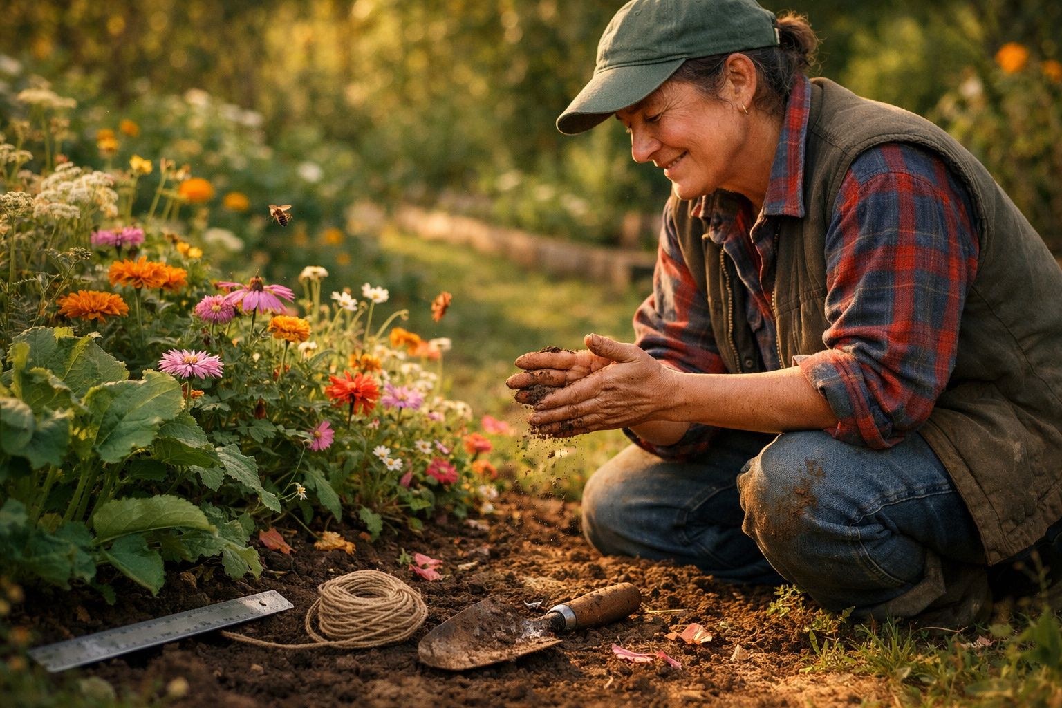 Mulher sorridente cuidando de flores coloridas em jardim ao ar livre durante dia ensolarado.
