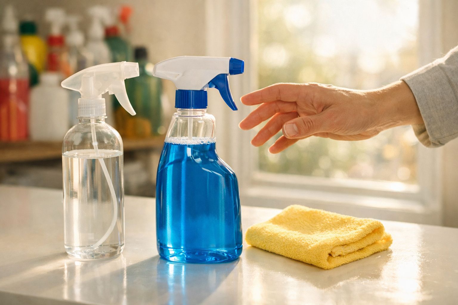 Mãos femininas pegando frasco de spray azul ao lado de spray transparente e pano amarelo sobre mesa.