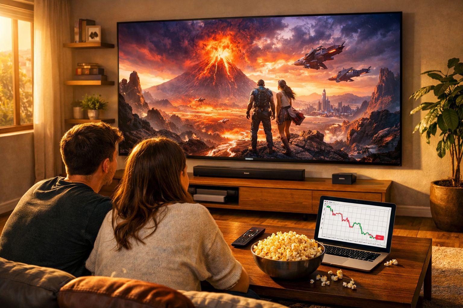 Casal assistindo jogo de videogame em TV grande, com laptop exibindo gráfico em queda e tigela de pipoca.