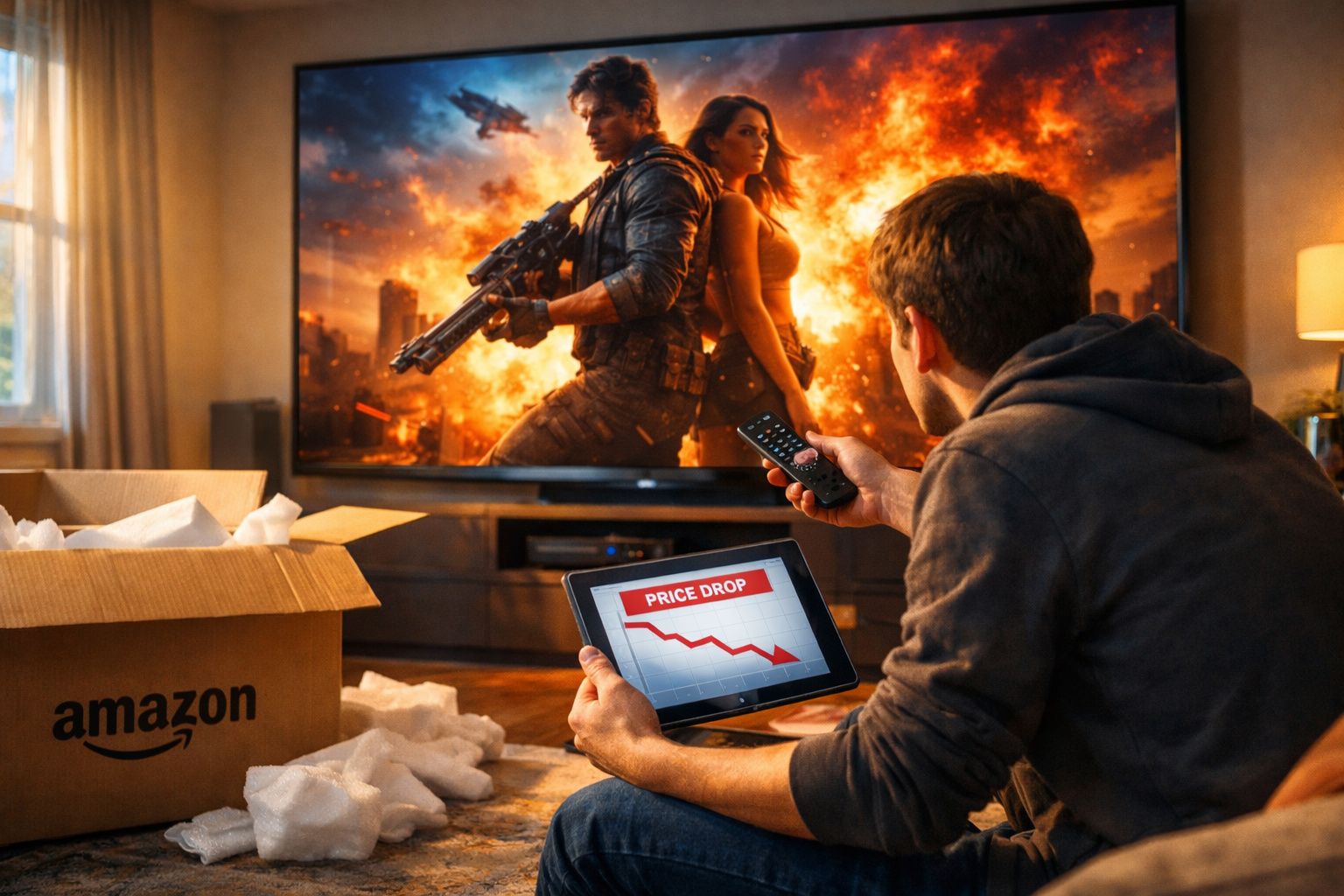Homem sentado assistindo filme de ação na TV enquanto segura tablet com gráfico de queda de preços e controle remoto.