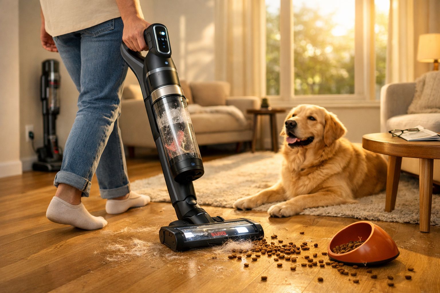 Pessoa limpando ração de cachorro do chão com aspirador vertical preto em sala iluminada.
