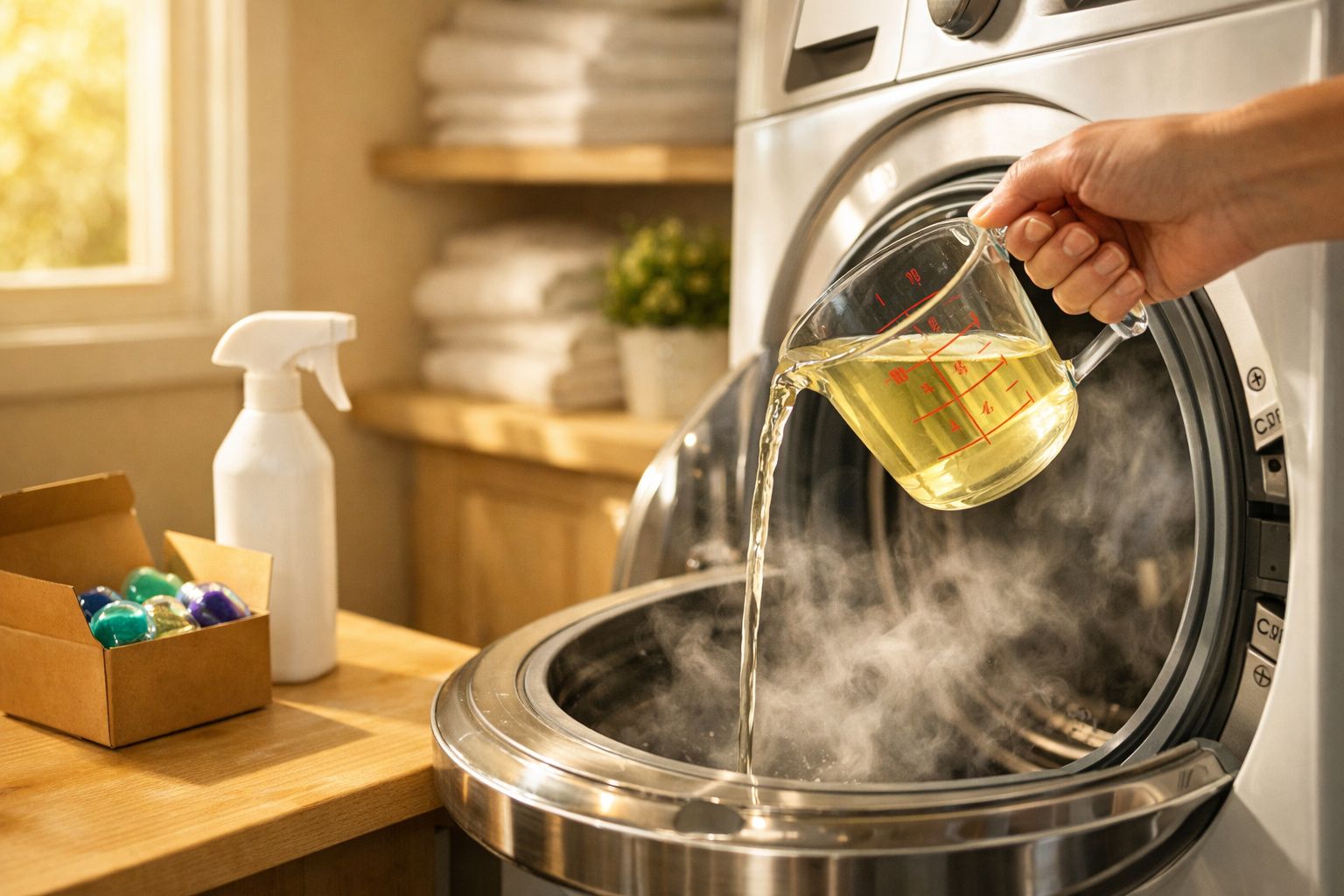 Pessoa despejando líquido quente em uma máquina de lavar roupa aberta com vapor saindo.