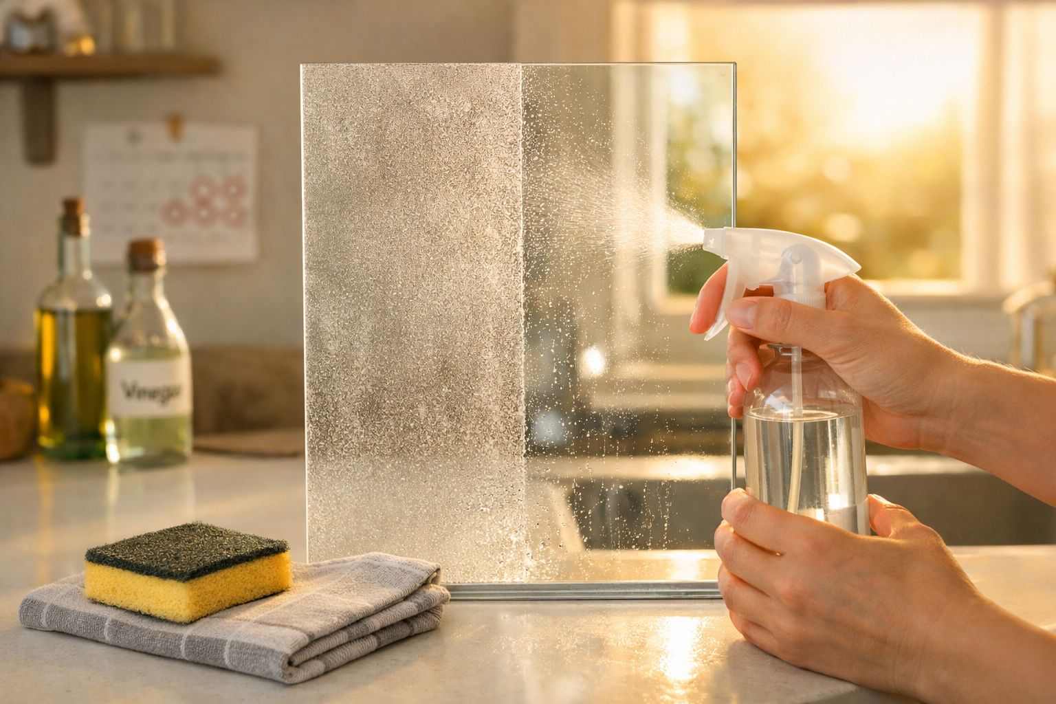 Mãos borrifando limpador em vidro, com esponja e pano sobre bancada na cozinha iluminada pelo sol.