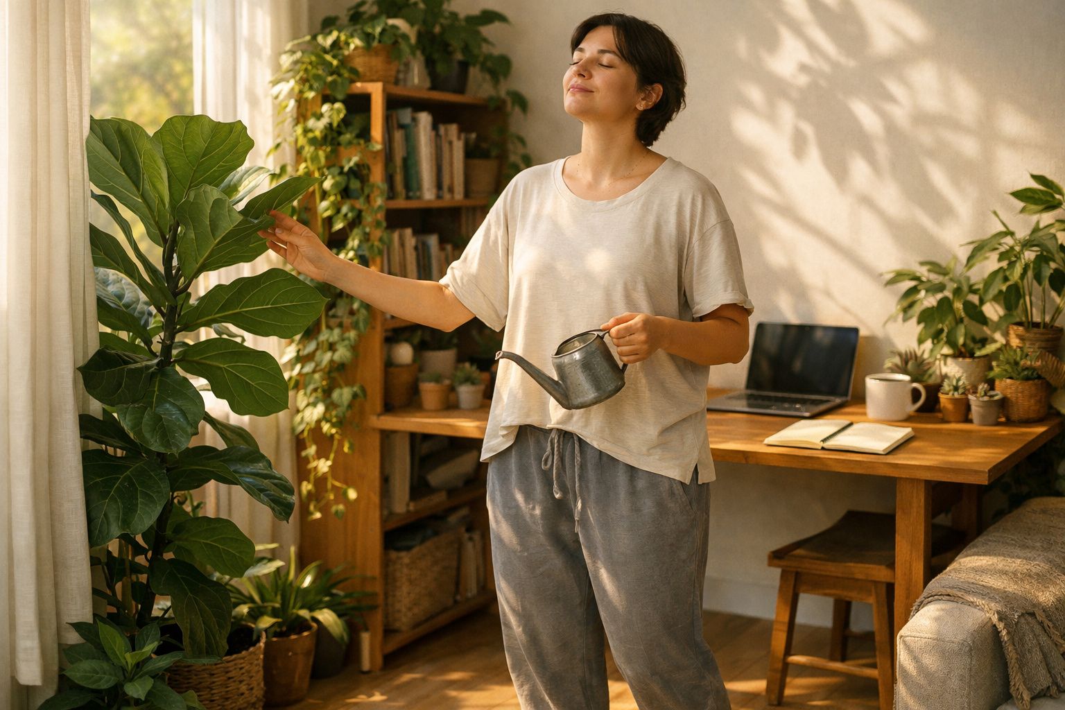 Mulher regando planta em sala iluminada, com mesa, notebook e outras plantas ao fundo.