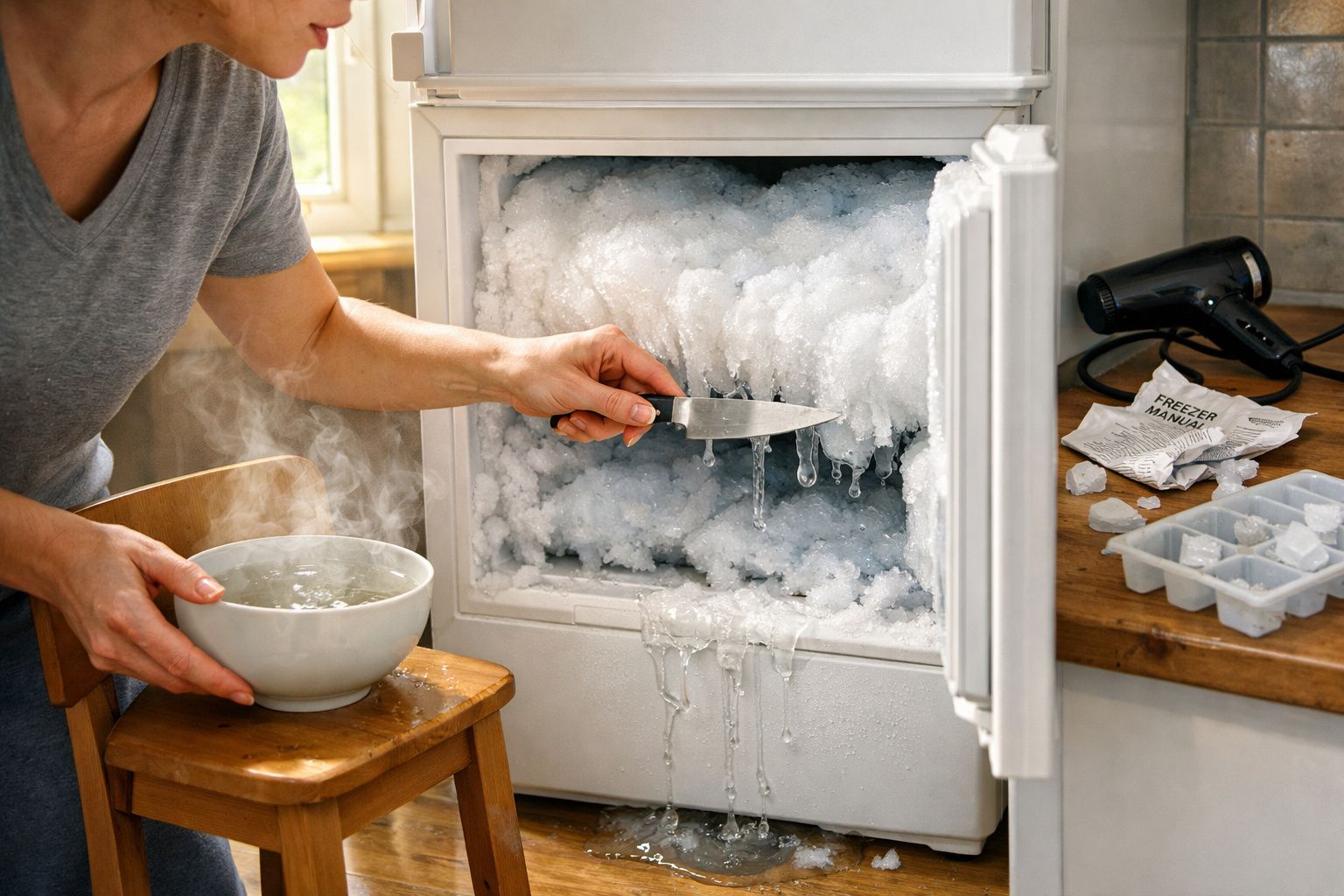 Pessoa retirando gelo acumulado denso de congelador com faca, segurando tigela com água quente para degelo.