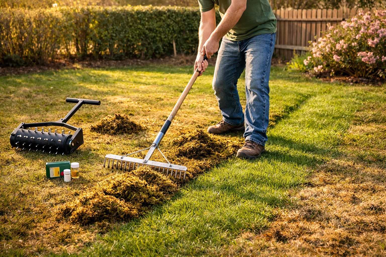 Pessoa usando rastelo para recolher grama seca e musgo de um jardim gramado ensolarado.