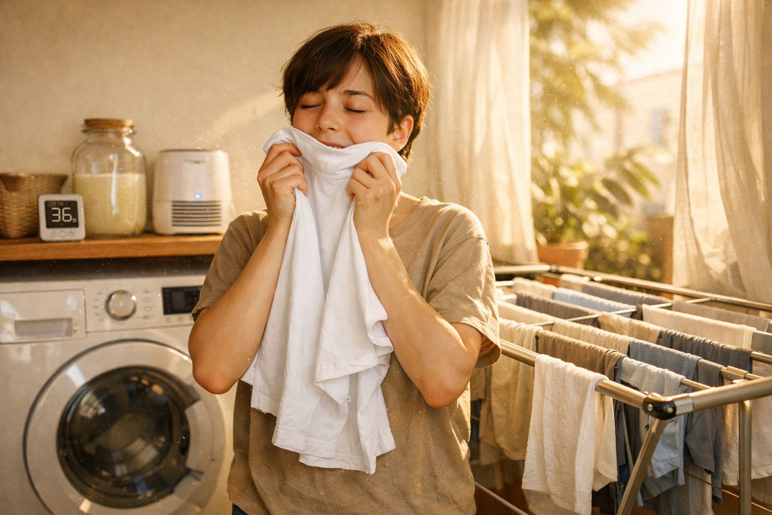 Pessoa sentindo cheiro de roupa branca limpa e seca em lavanderia com luz natural e varal de roupas.