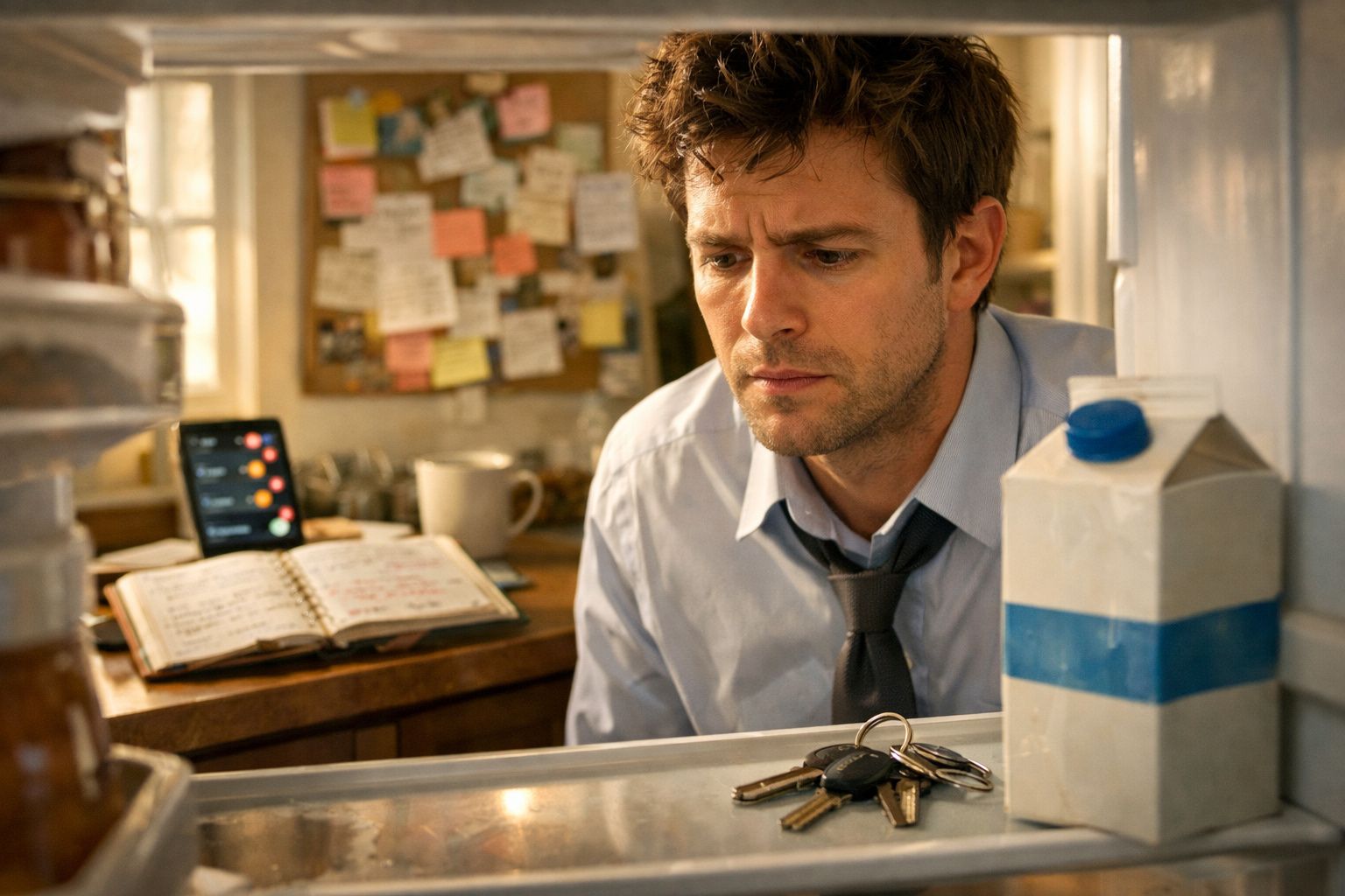 Homem sério vestindo camisa azul e gravata observa dentro de geladeira com chaves e caixa de leite.
