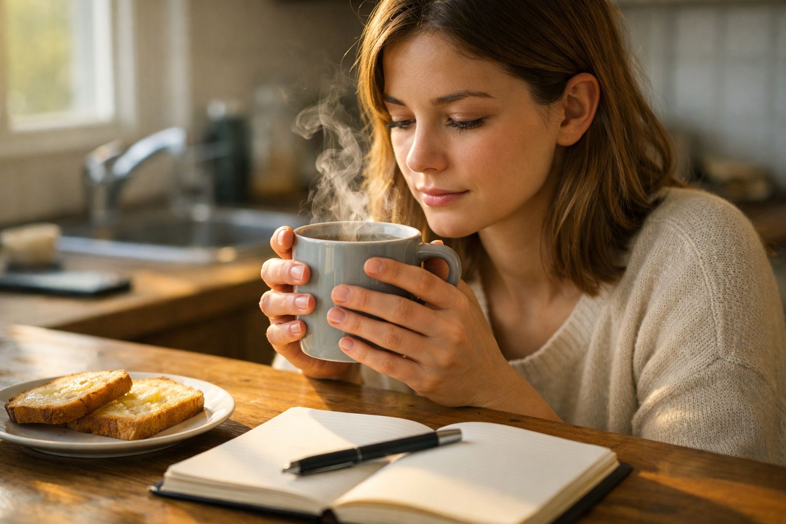Mulher jovem segura caneca quente com vapor, sentada à mesa com torradas e caderno.