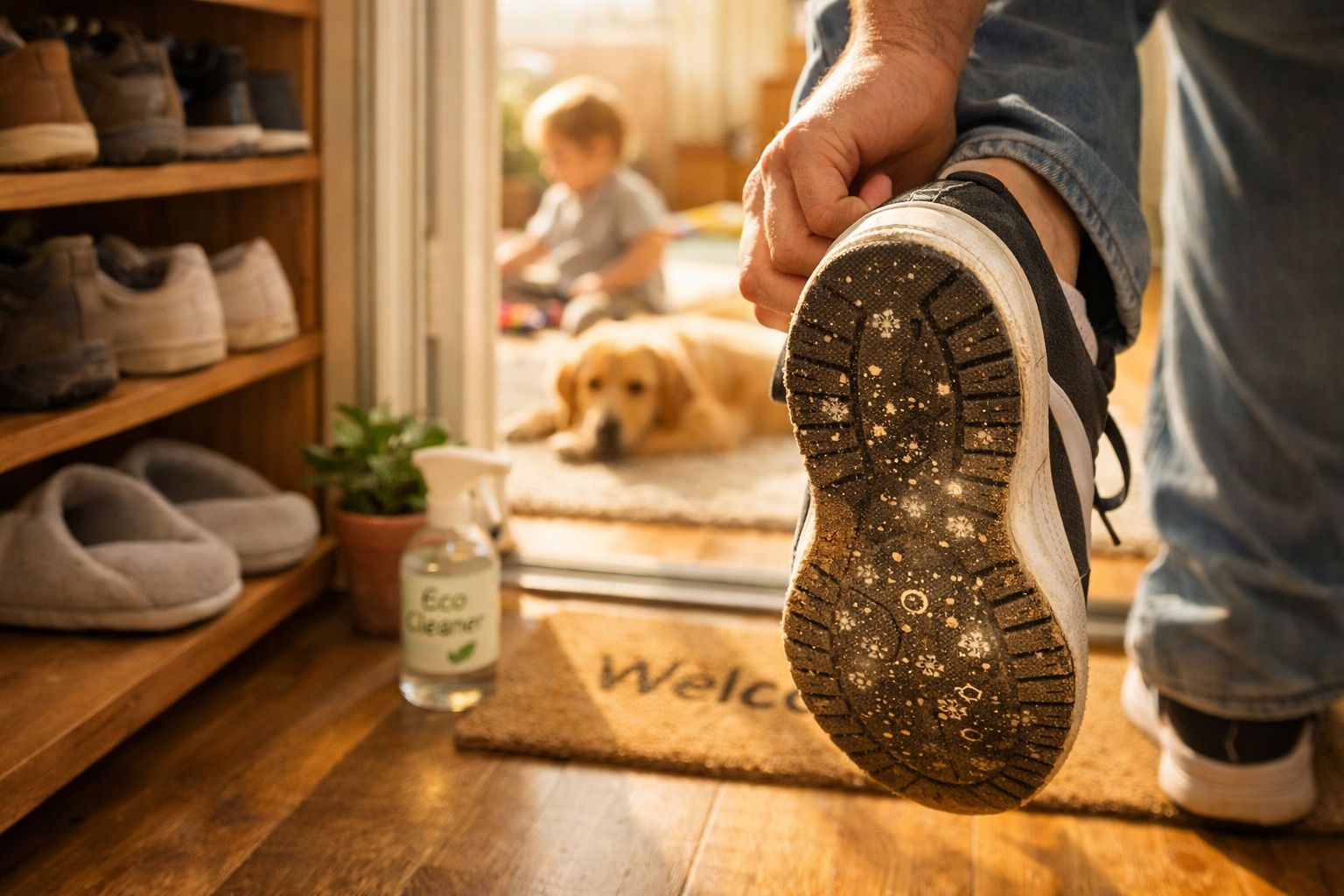Pessoa tirando sapato sujo próximo à porta, com criança e cachorro ao fundo em casa iluminada.