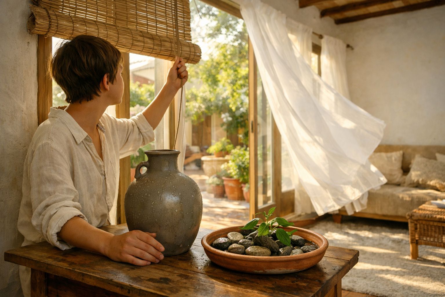 Pessoa abrindo persiana de bambu em sala iluminada com vaso, planta e cortina esvoaçante na janela aberta.