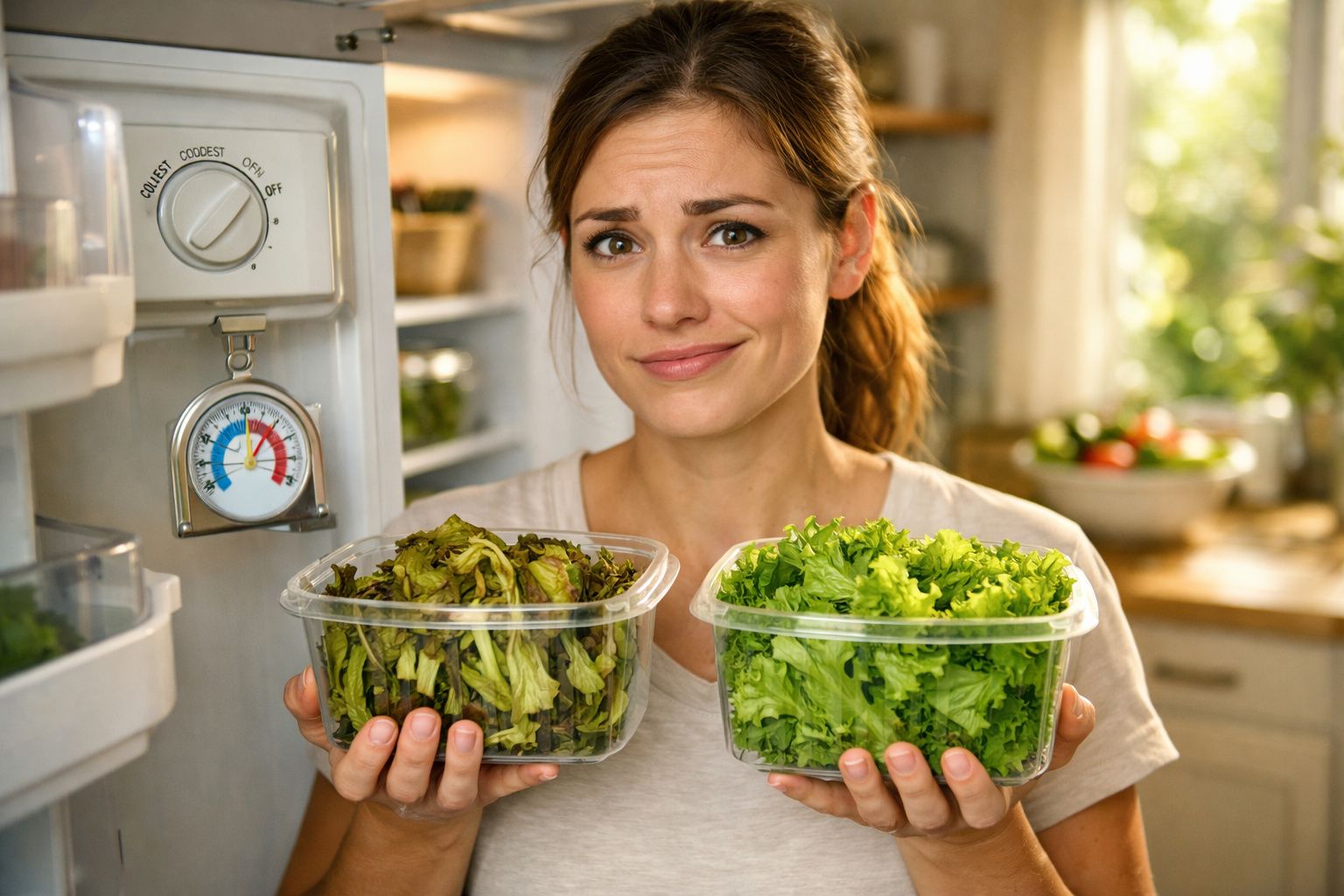 Mulher na cozinha segurando recipiente com alface fresca e outro com alface murcha, olhando preocupada.