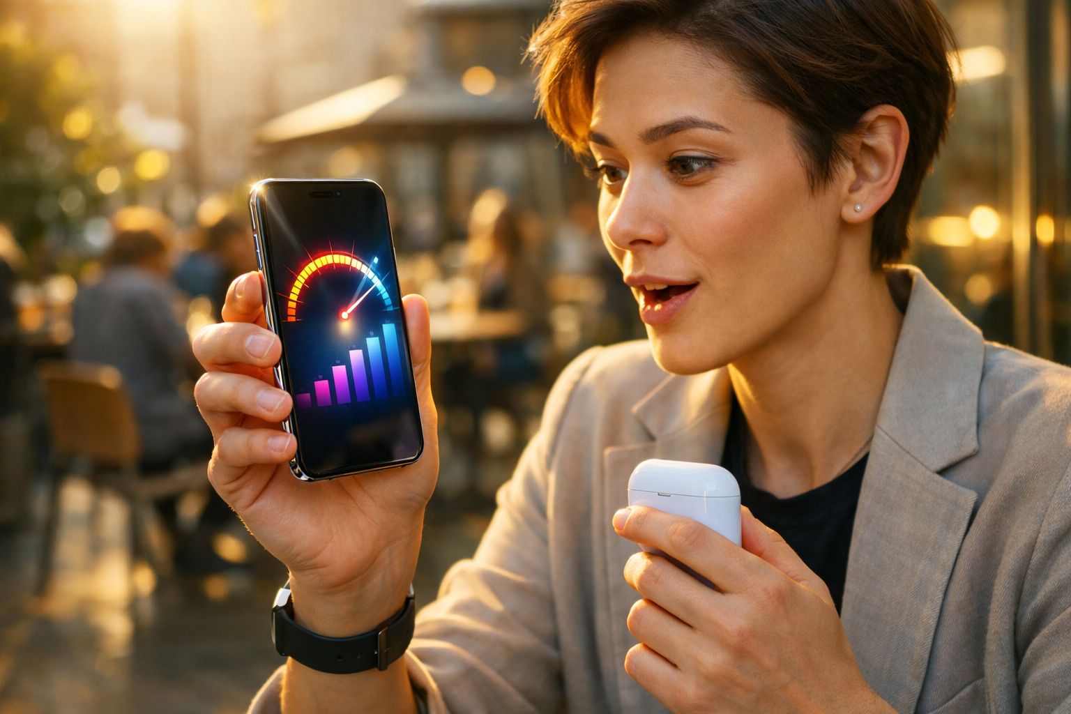 Mulher segura celular com gráfico de desempenho e sorri enquanto segura case de fone de ouvido branco.