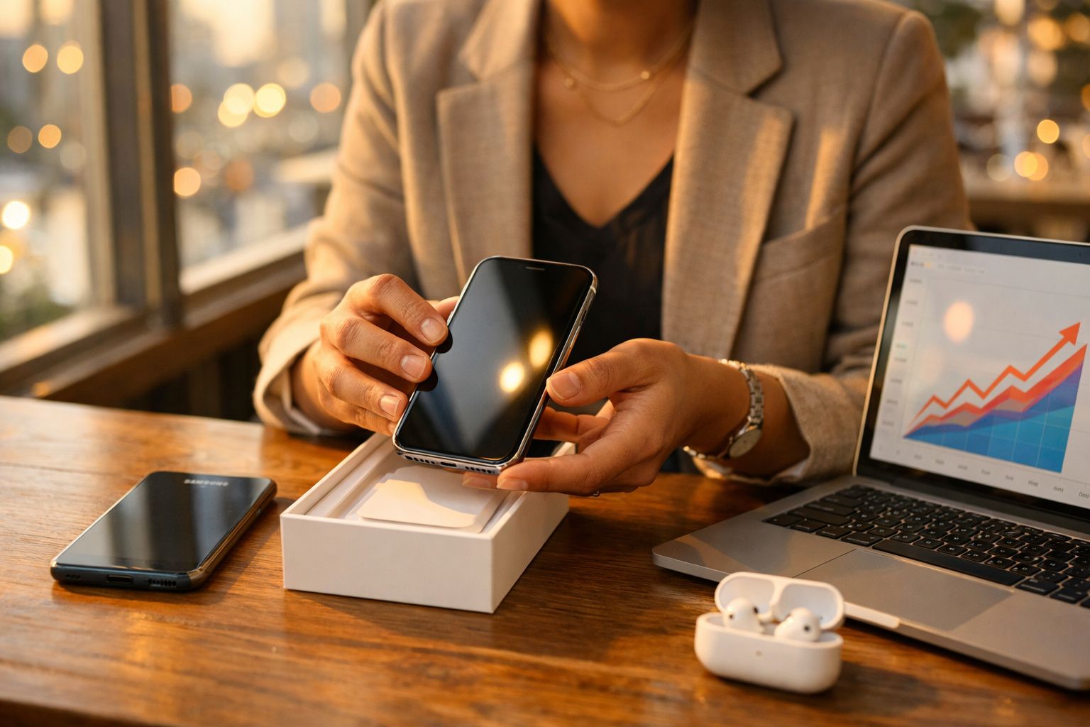 Pessoa retirando um celular novo da caixa em mesa com notebook, fones e outro celular.