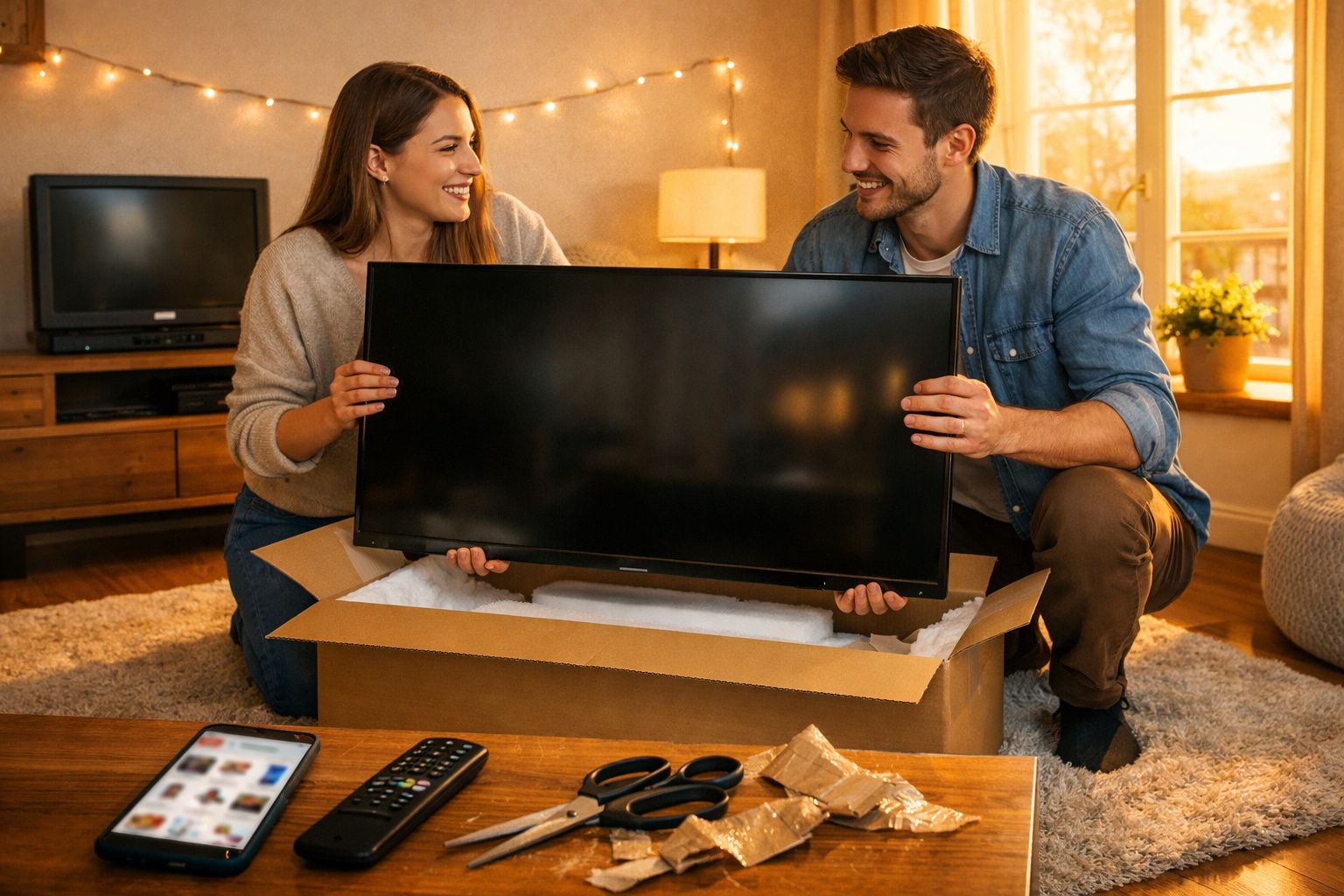 Casal sorridente desempacotando uma televisão nova em sala de estar aconchegante iluminada.