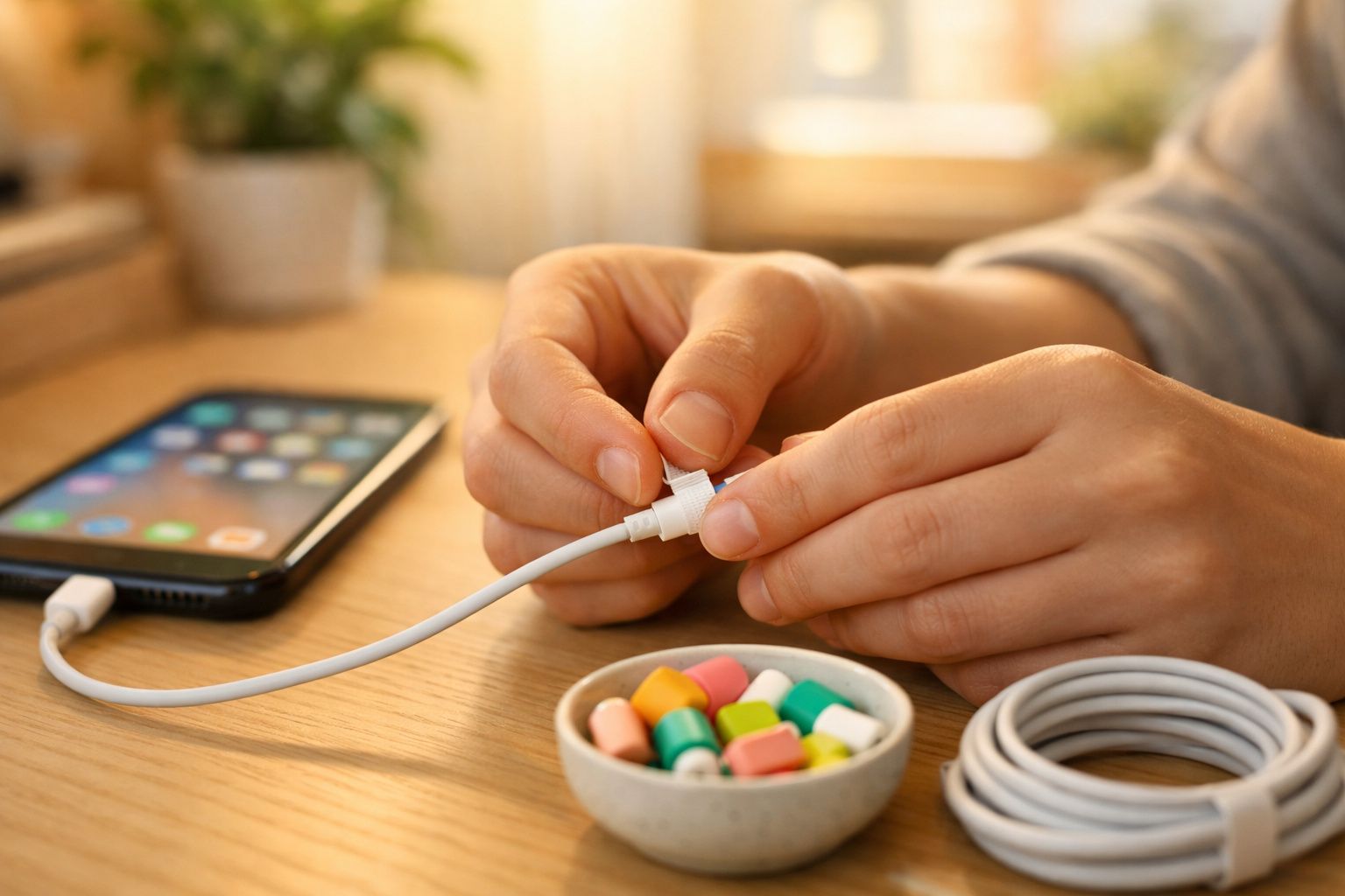 Mãos seguram protetor para cabo de carregador branco, com celular e pastilhas coloridas sobre mesa de madeira.