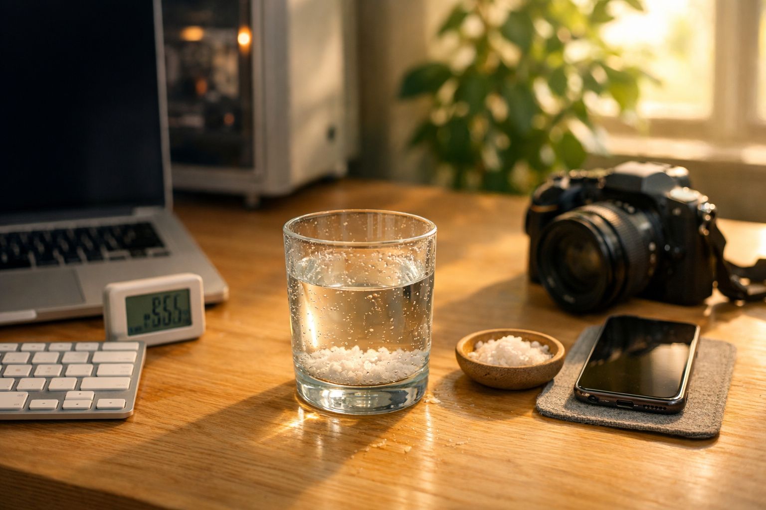Mesa de madeira com copo d’água com sal, teclado, laptop, câmera fotográfica e celular.