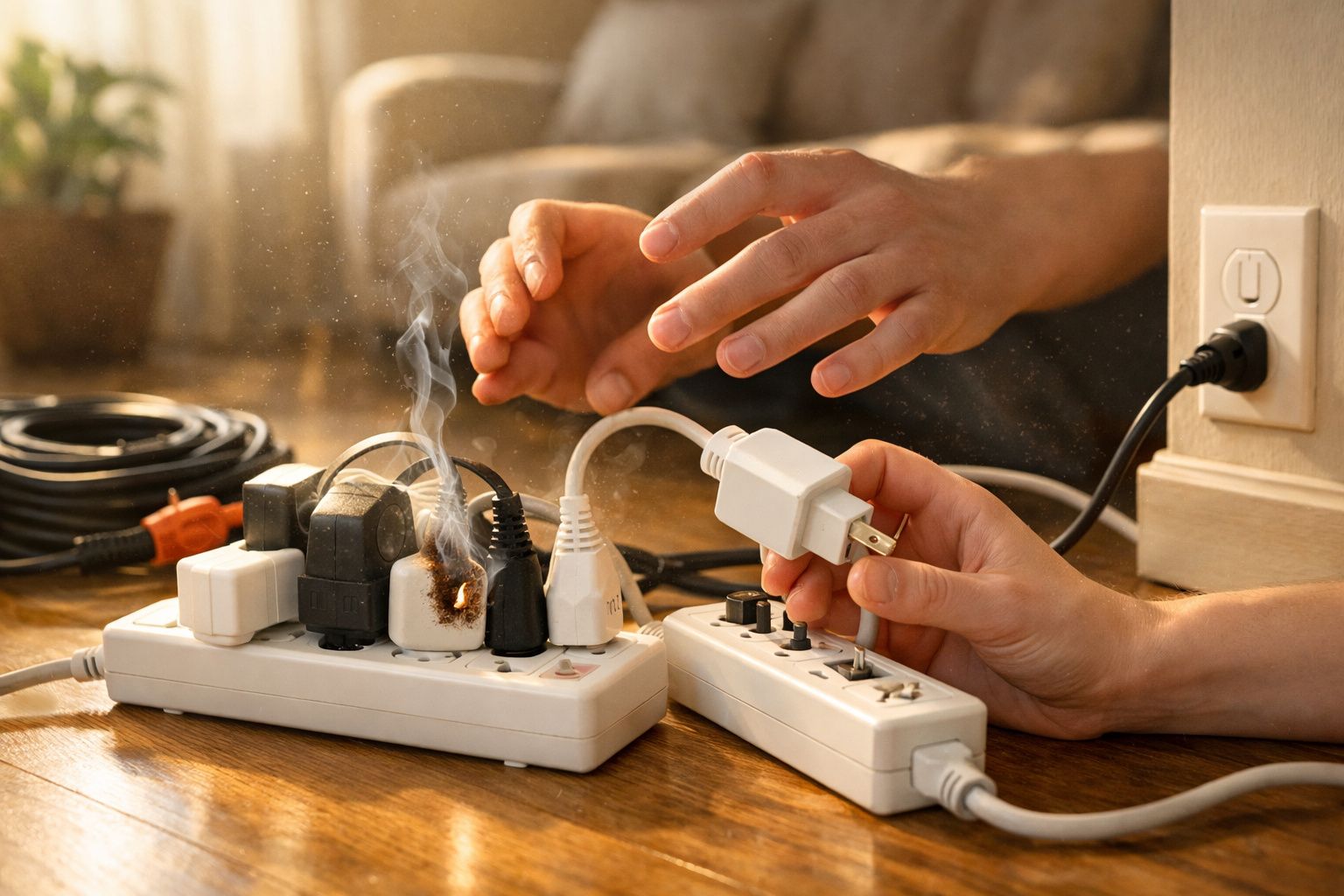 Tomada multifuncional com cabo queimando e faíscas, mãos tentando desconectar o plugue por segurança.