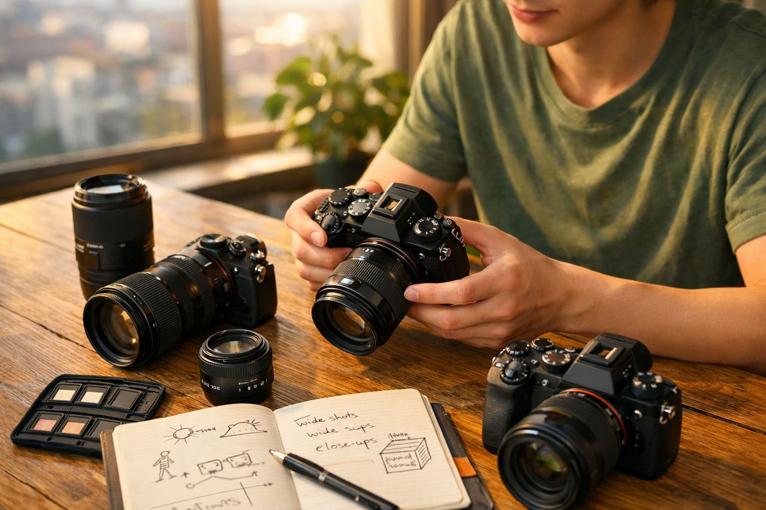 Pessoa segurando câmera fotográfica, com várias lentes e caderno de anotações em mesa de madeira.