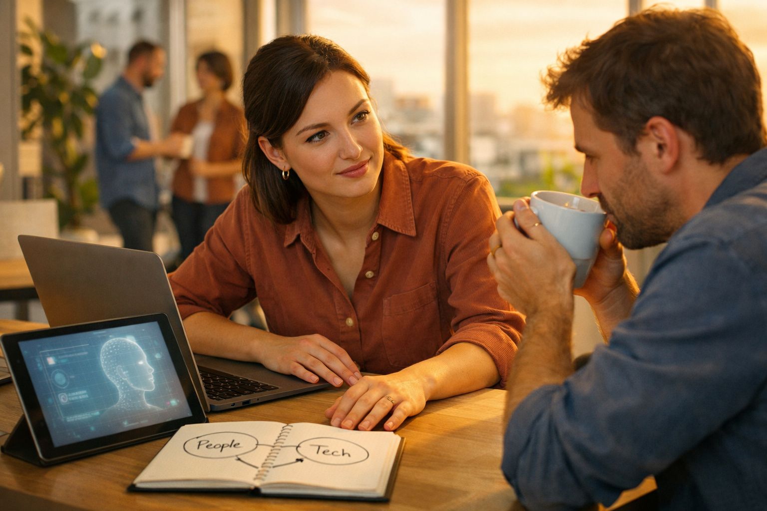 Mulher e homem discutem trabalho com laptop, tablet e diagrama em caderno na mesa clara.