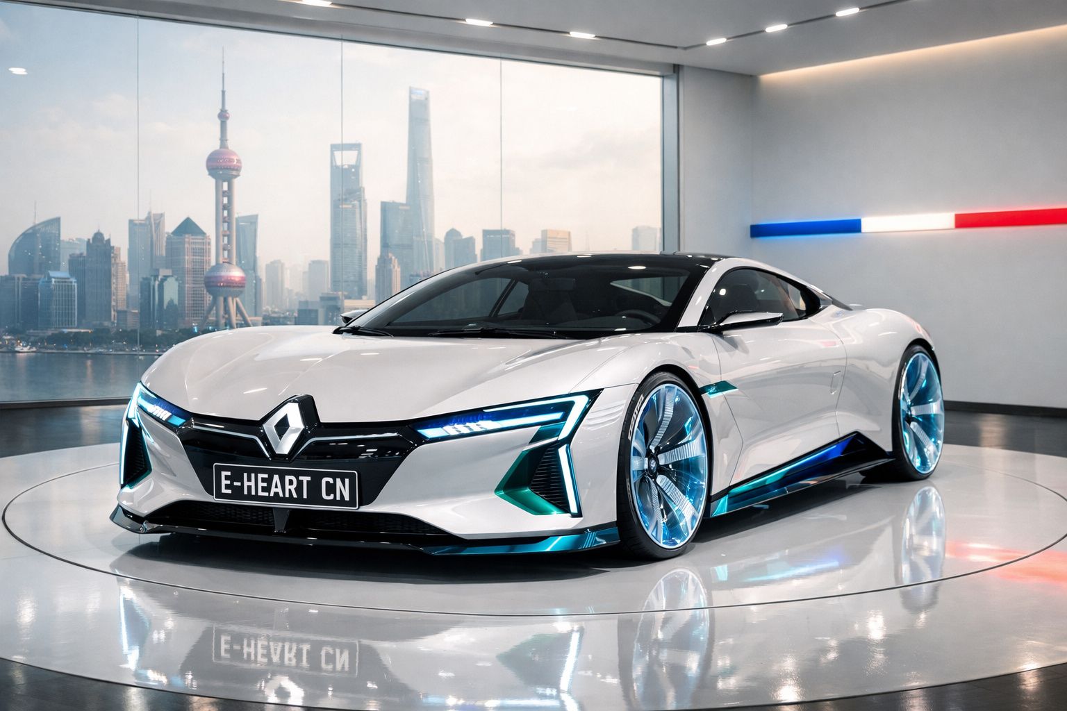 Carro elétrico esportivo branco da Renault em ambiente moderno com cidade ao fundo.