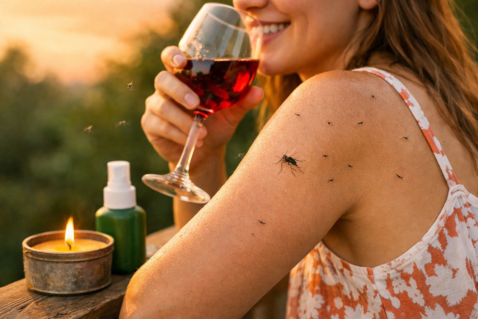 Mulher segurando taça de vinho cercada por mosquitos, com vela e spray repelente na mesa ao lado.