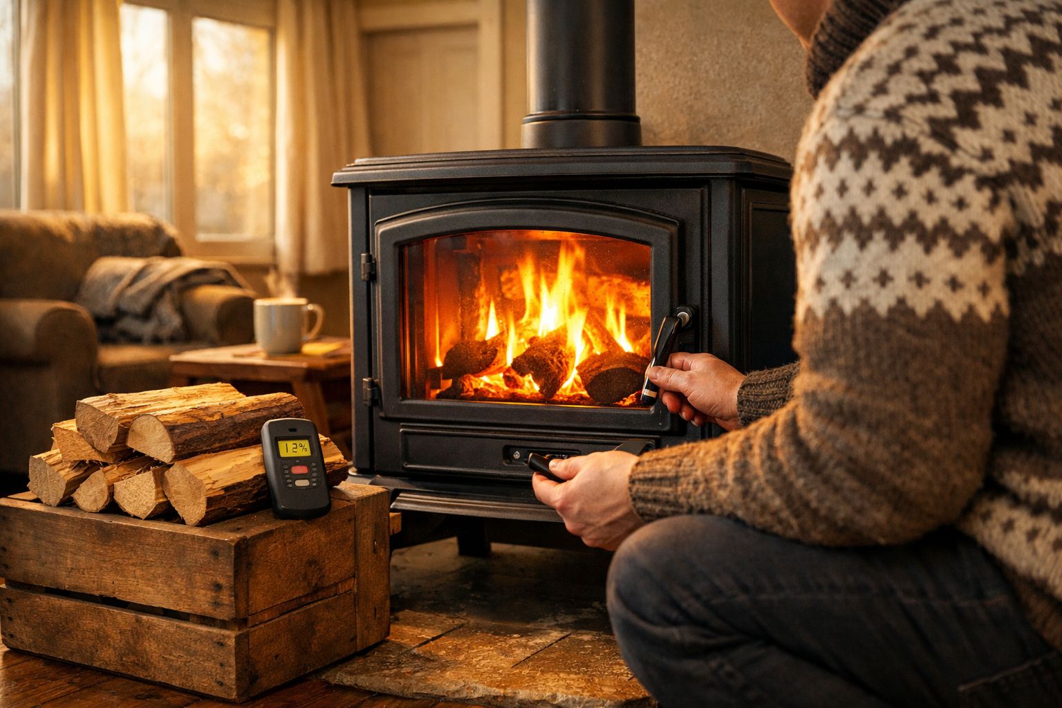 Pessoa ajustando aquecedor a lenha aceso em sala aconchegante com madeira empilhada e controle remoto.