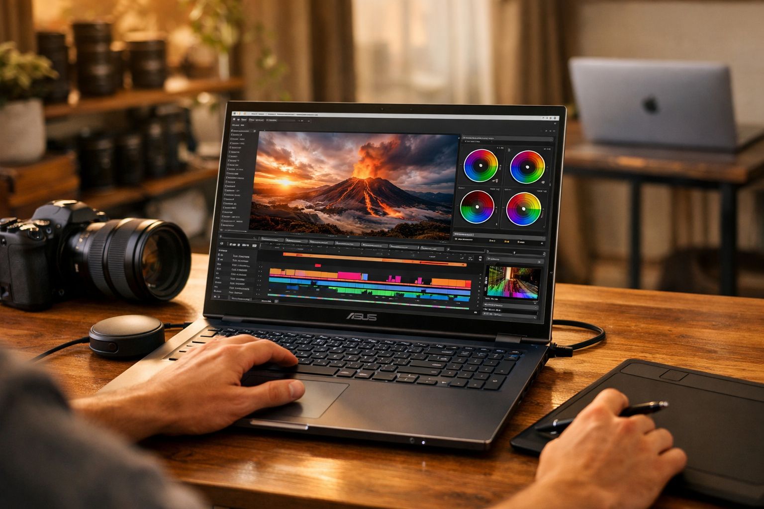 Pessoa editando vídeo de vulcão em laptop ASUS, com câmera e mesa de madeira ao fundo.