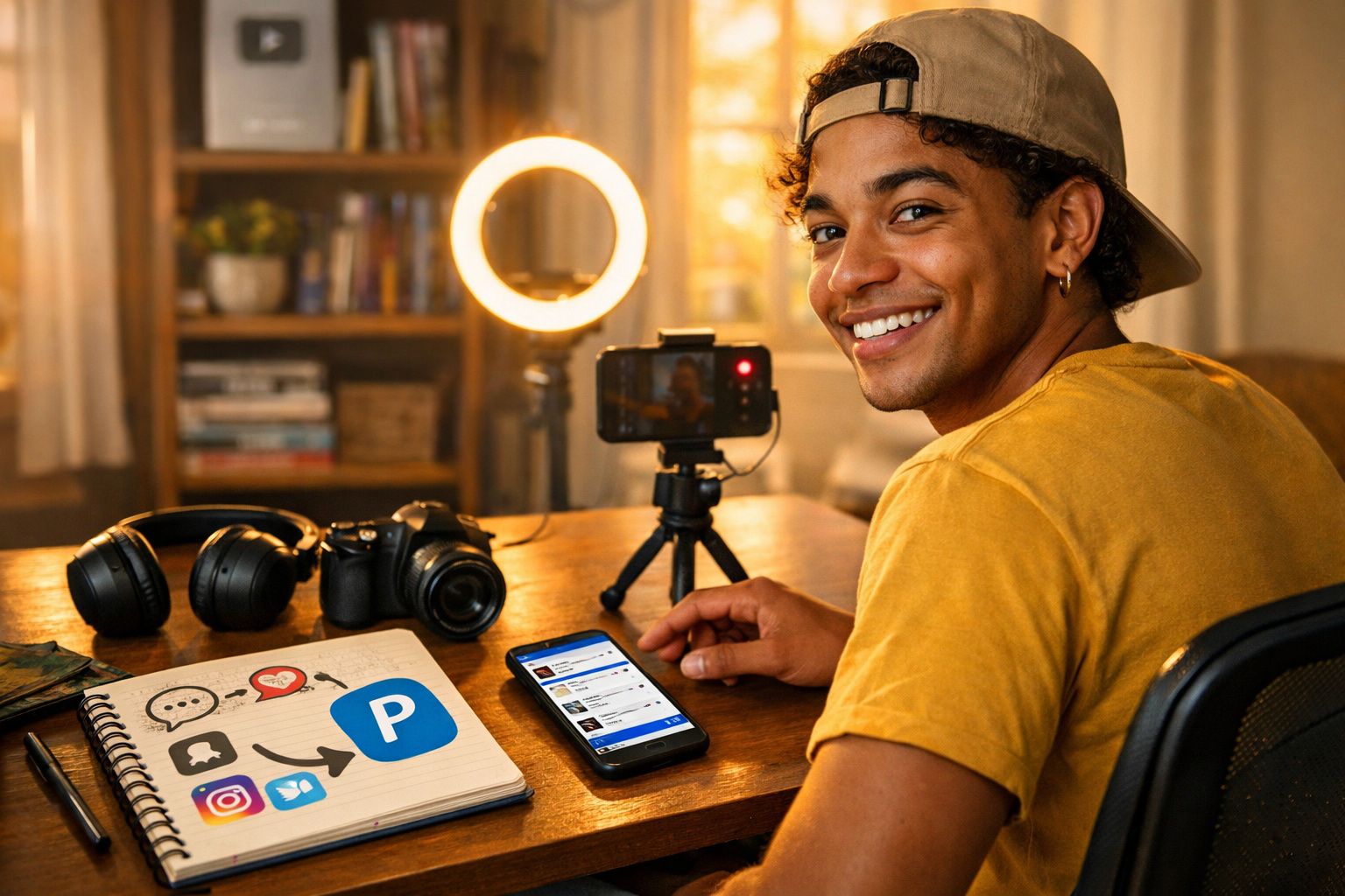 Jovem sorridente grava vídeo com celular e ring light, com câmera, fones e notebook na mesa.