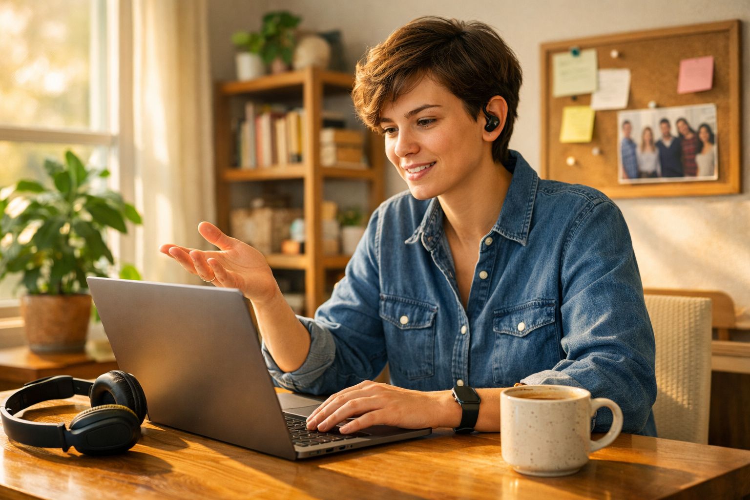 Mulher sorridente com fones de ouvido fazendo videochamada em laptop numa mesa com café e fones.