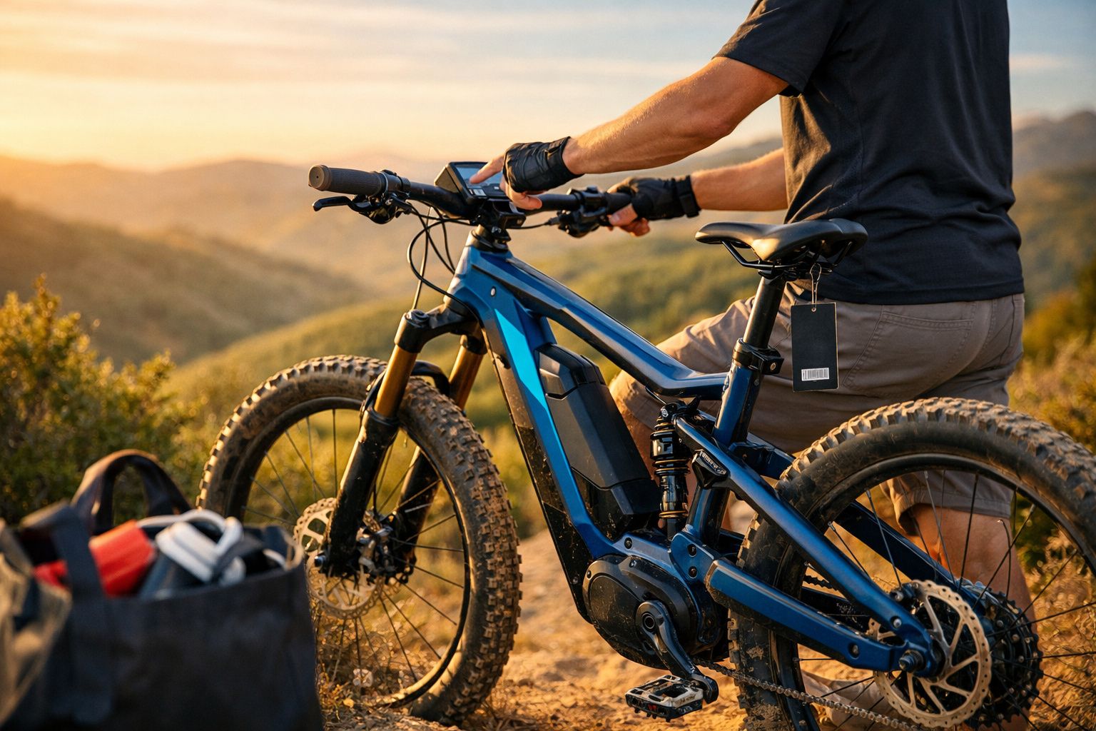 Pessoa ajusta a tela de bicicleta elétrica azul em trilha ao pôr do sol, com mochila ao lado.