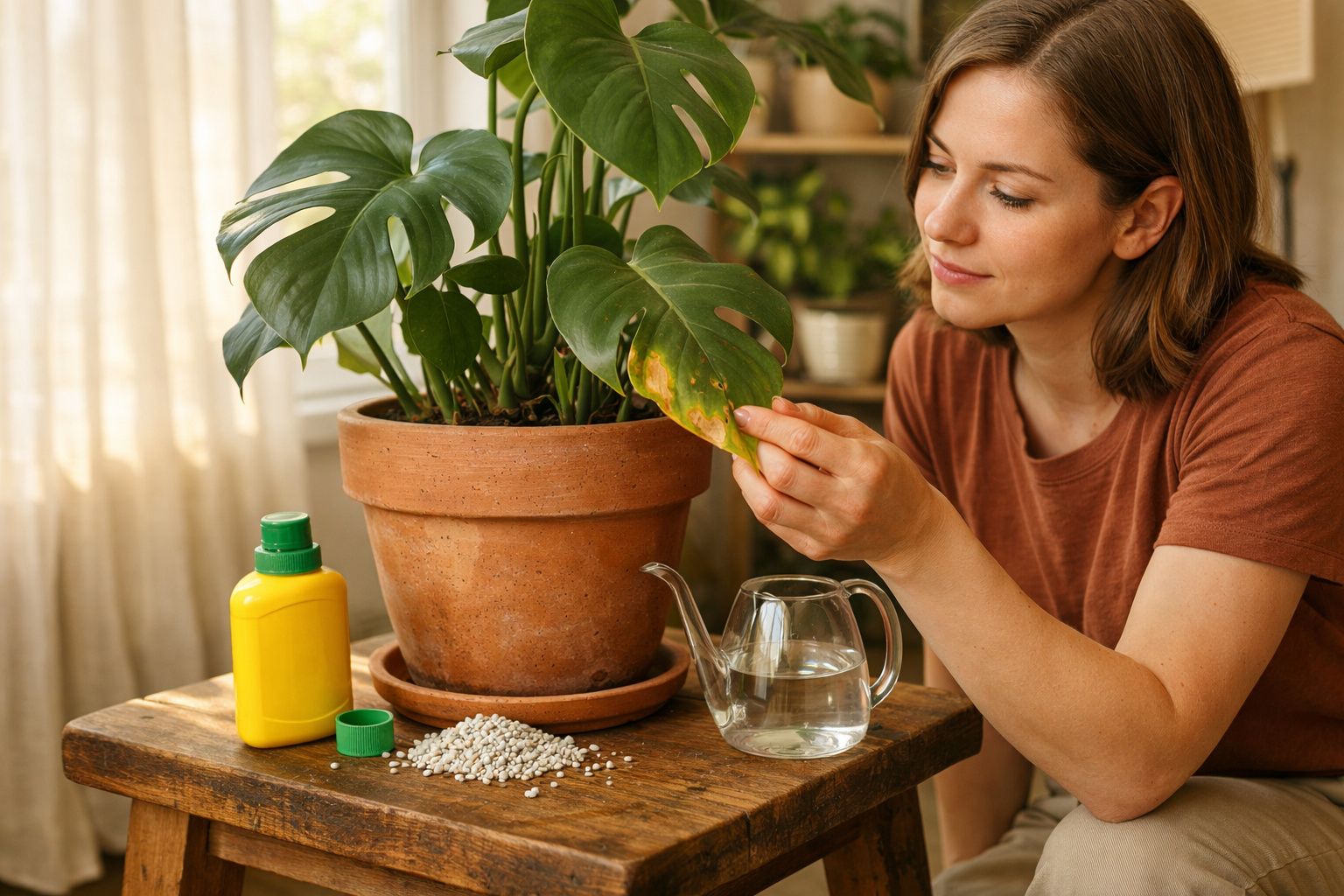 Mulher examinando folha amarela de planta em vaso com regador, fertilizante e sementes sobre mesa.