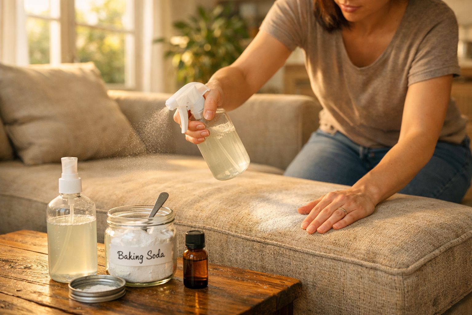 Pessoa borrifando solução caseira em sofá bege com bicarbonato de sódio e frascos sobre mesa de madeira.