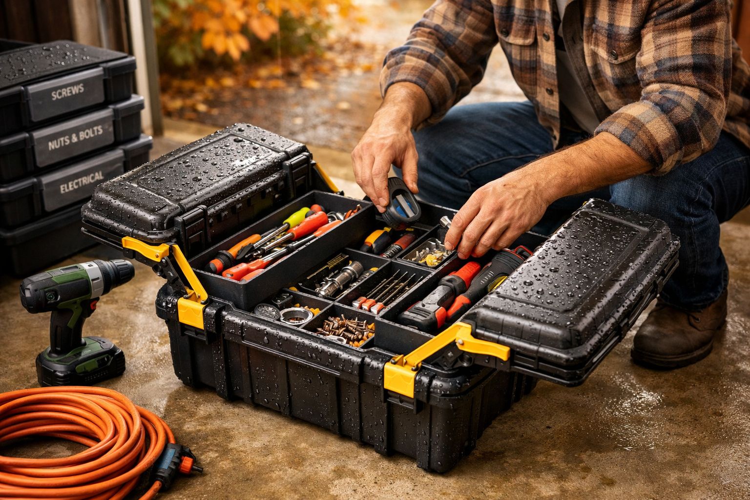 Caixa de ferramentas preta molhada aberta com vários utensílios e mãos organizando parafusos.