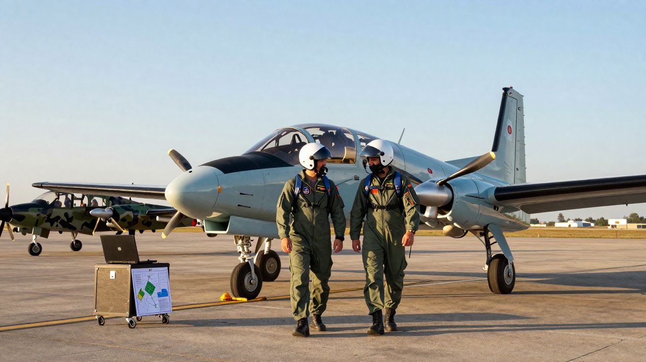 Dois pilotos militares caminhando em pista ao lado de pequeno avião de caça estacionado.