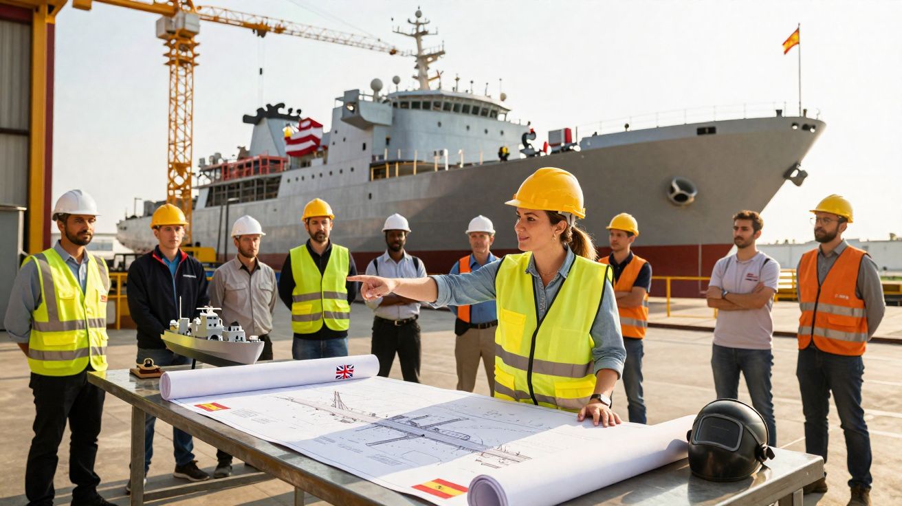 Engenheira com capacete e colete orienta equipe no estaleiro naval com planta e modelo de navio na mesa.