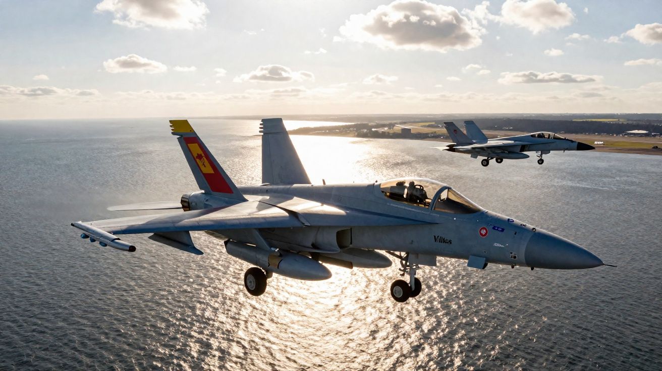 Dois caças voando sobre o oceano com o sol refletido na água ao fundo.