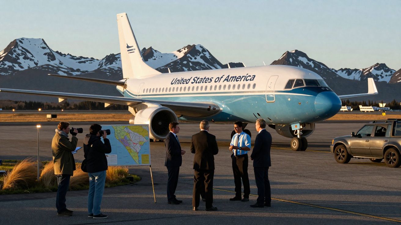 Avião presidencial dos EUA no aeroporto com equipe e montanhas ao fundo ao entardecer.