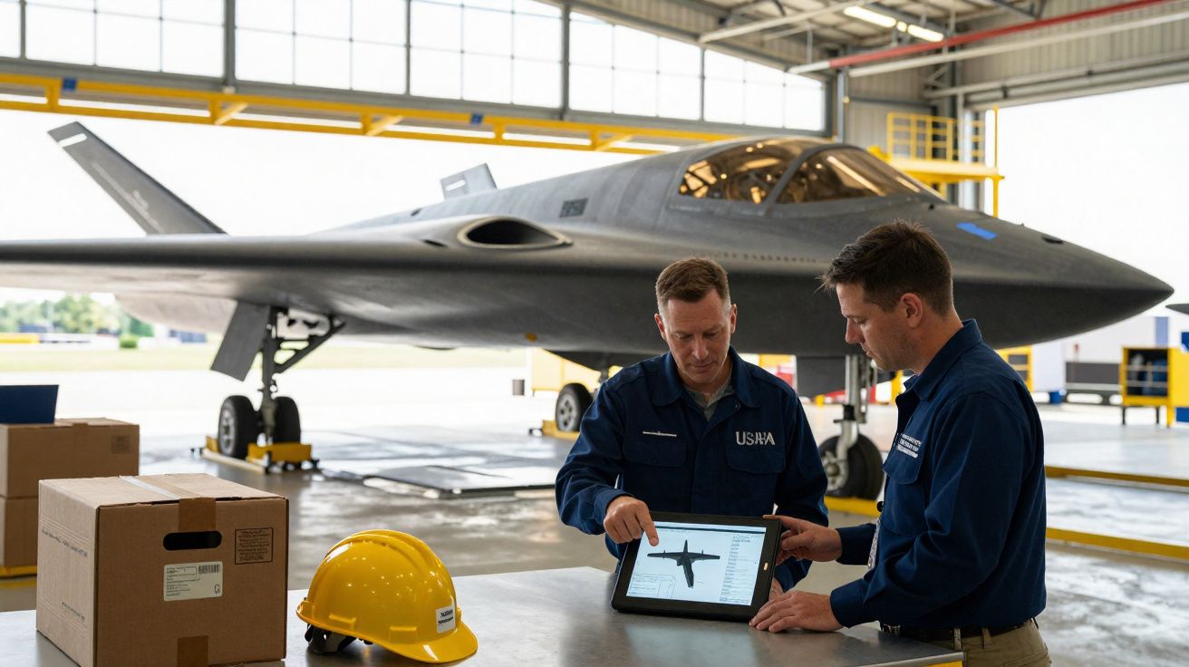Dois homens em uniforme azul analisam um tablet com desenho de aeronave ao lado de um avião militar em hangar.