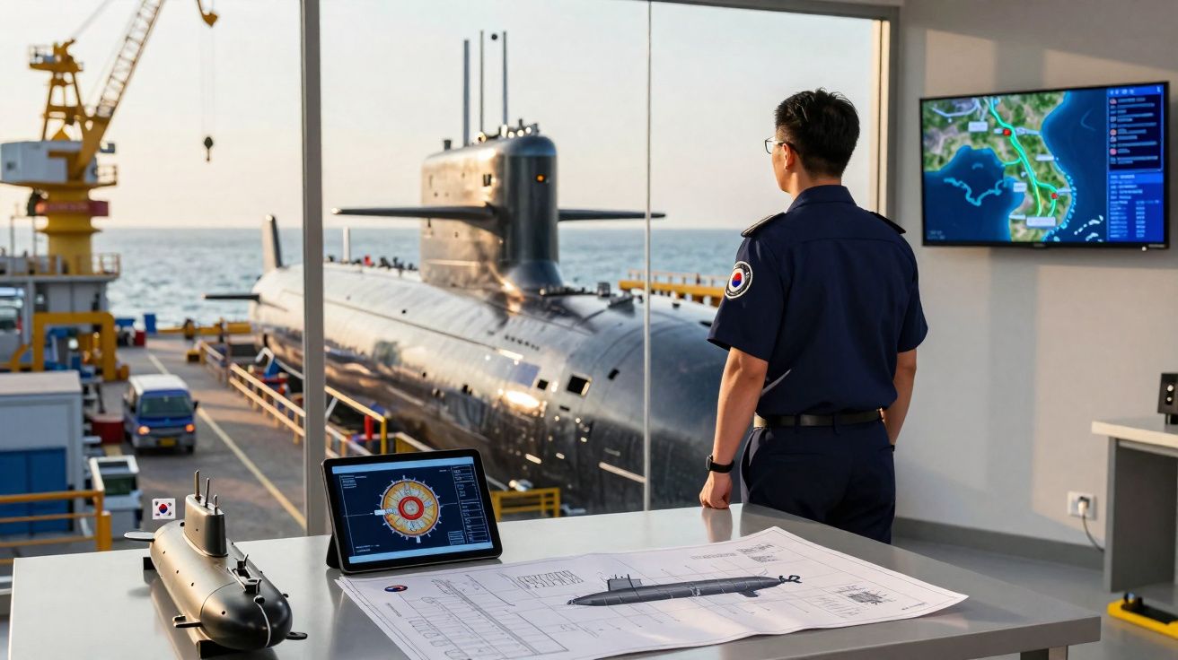 Homem em uniforme naval observa submarino por janela, com maquete, planta e tela de controle em sala.