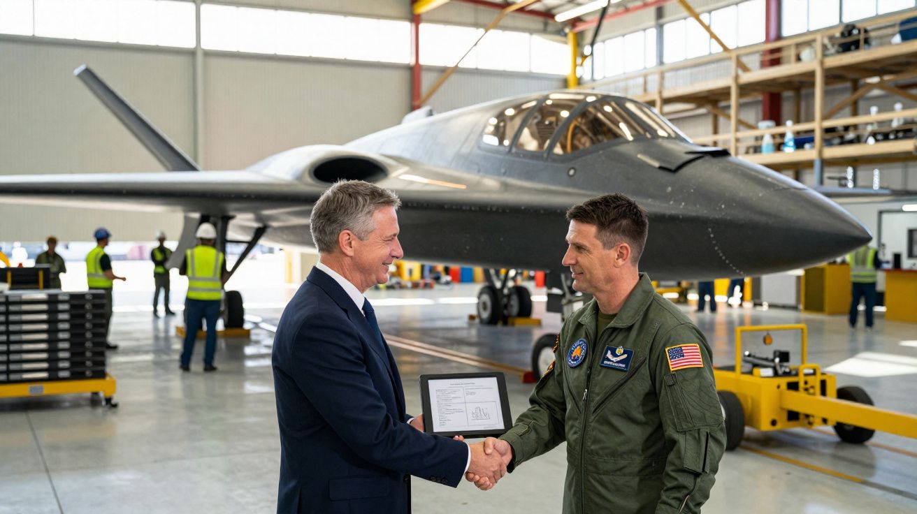 Homem de terno entrega certificado a piloto militar em hangar com avião furtivo ao fundo.