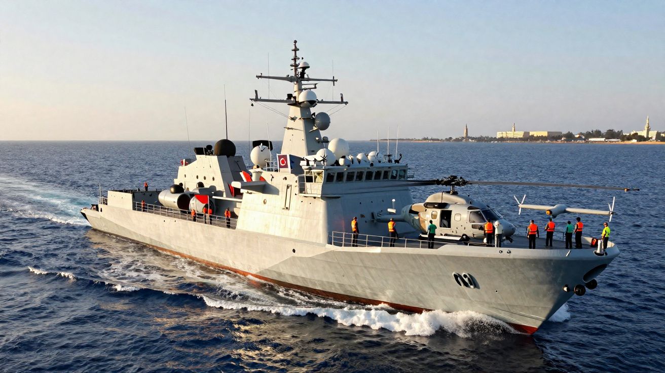 Navio de guerra branco navegando no mar com equipe a bordo e helicóptero no convés.