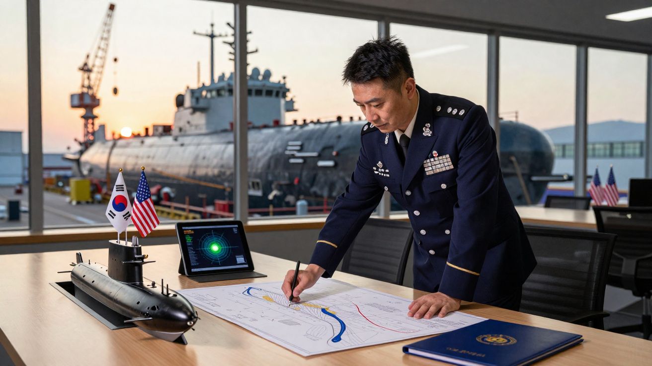 Homem em uniforme naval revisa mapas com modelo de submarino e tablet em sala com grande submarino ao fundo.